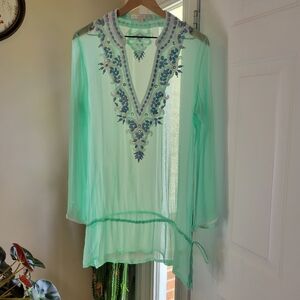 Boston Proper Mint Green Gorgeous‎ Beaded Shear Long Sleeve Shirt, Size M